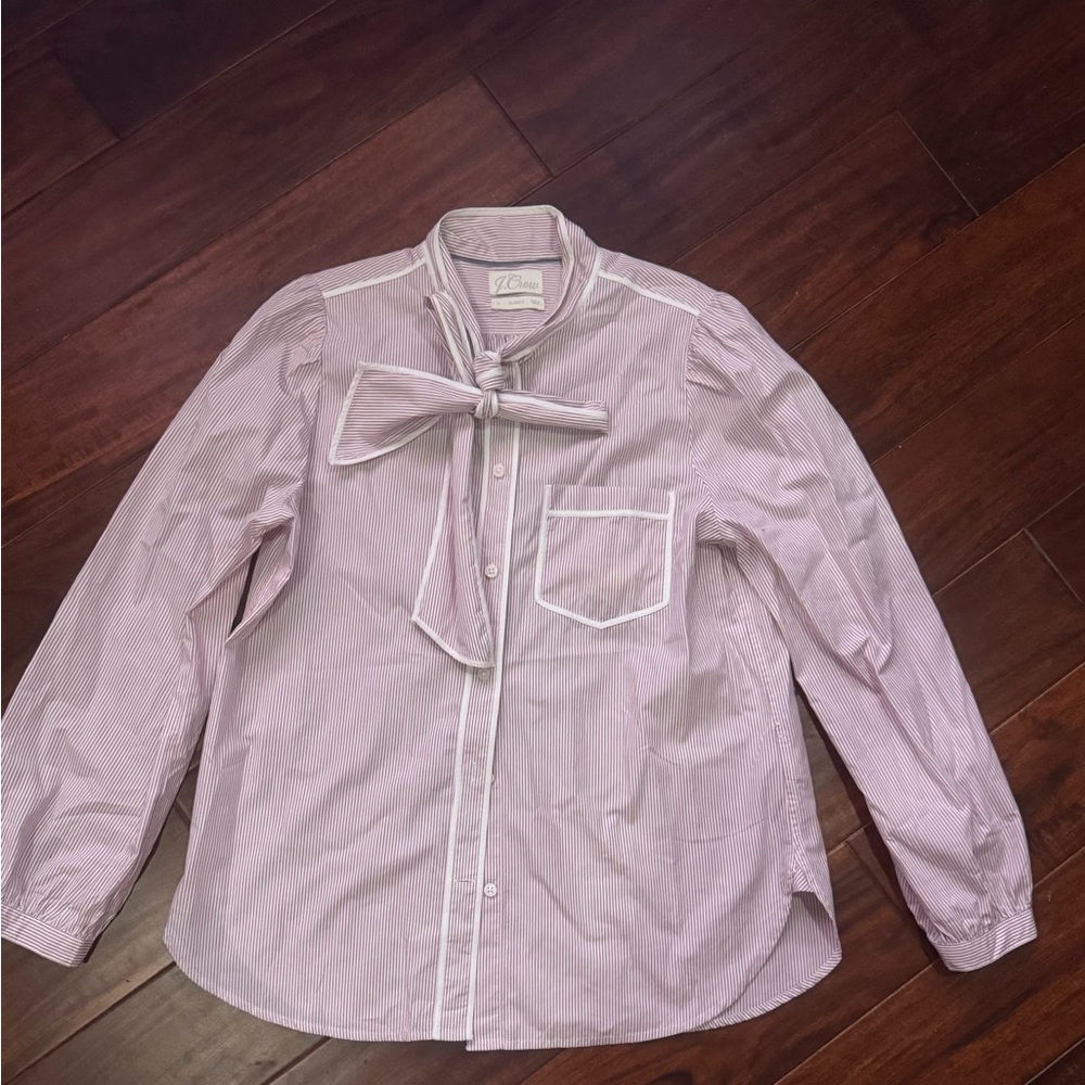 J. Crew Striped Tie Neck Poplin Pink and White Shirt - Picture 2 of 10